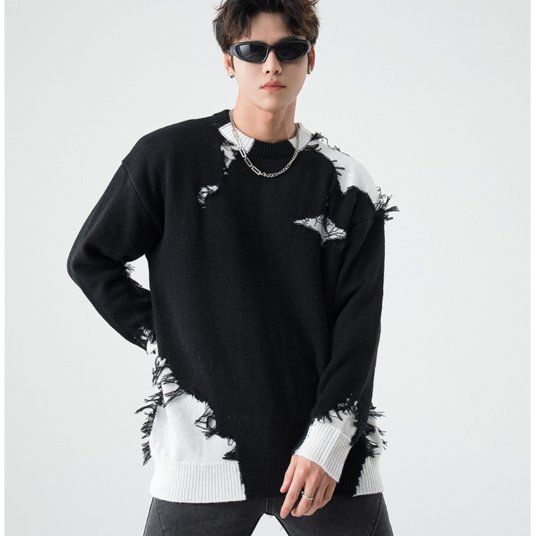 Jhzc Áo sweater Dệt Kim Dáng Rộng Phối Màu Tương Phản Kiểu hip-hop Đường Phố Mỹ Thời Trang Thu Đông Cho Nam