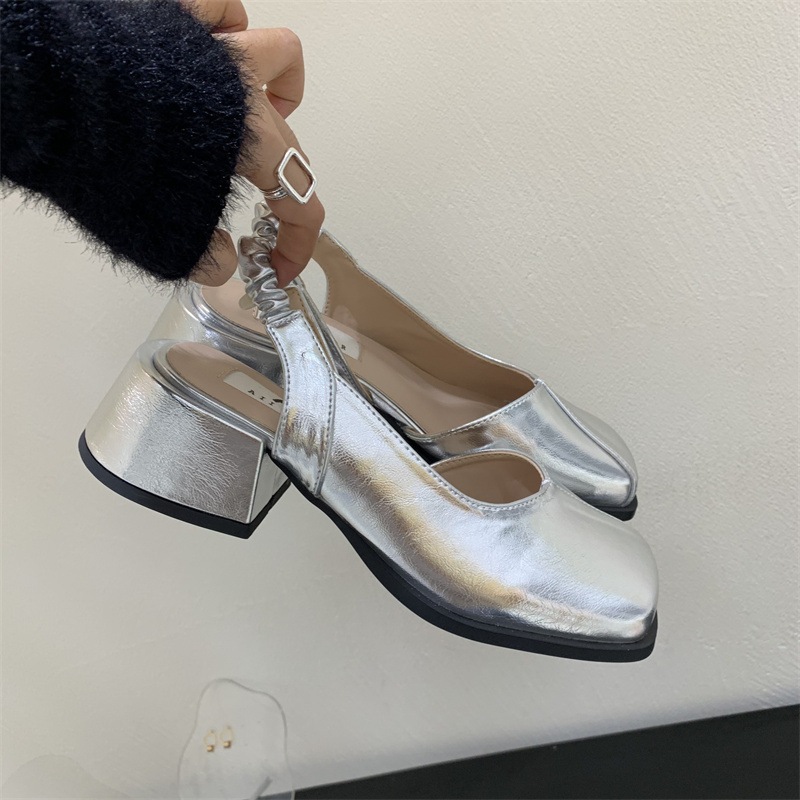 Facesun Giày Búp Bê mary jane Mũi Vuông Đế Bằng Màu Bạc Phong Cách Pháp Thời Trang Xuân Thu Cho Nữ