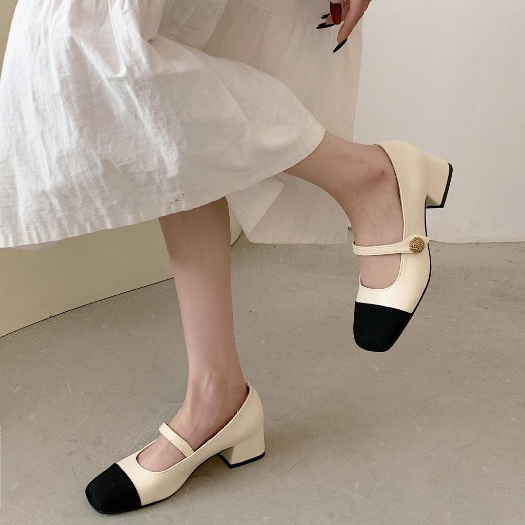 Giày Búp Bê Gót Vuông Màu Trắng Phong Cách Pháp Thanh Lịch Dễ Phối Đồ Cho Nữ