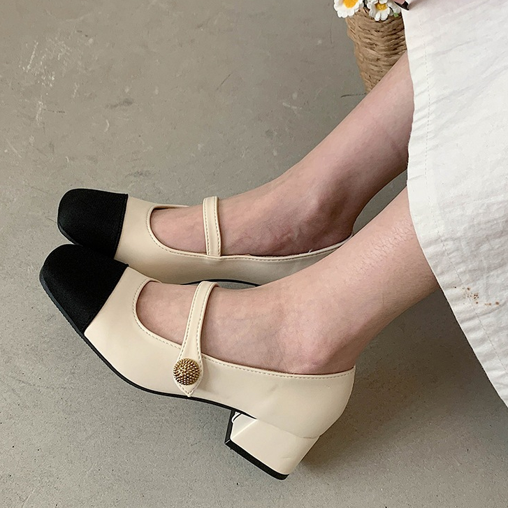 Giày Búp Bê Gót Vuông Màu Trắng Phong Cách Pháp Thanh Lịch Dễ Phối Đồ Cho Nữ