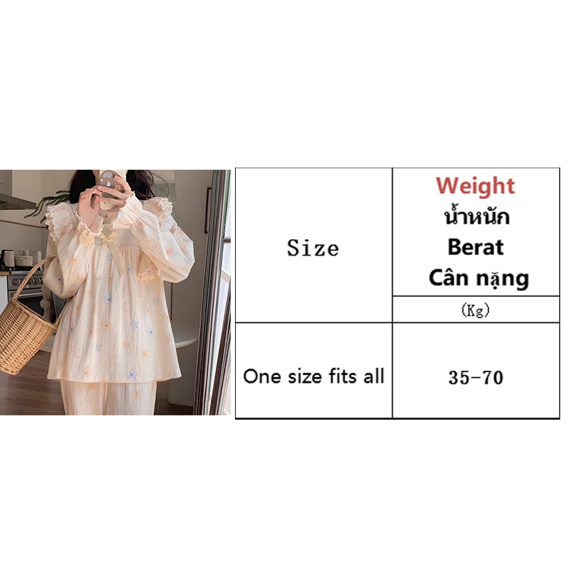 Bộ Đồ Ngủ cotton Tay Dài Phối Ren Dễ Thương Dành Cho Nữ