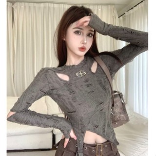 QADCOL Áo Thun Tay Dài Cổ Tròn Thiết Kế Khoét Lỗ Phong Cách Mỹ Thời Trang Mùa Thu Mới