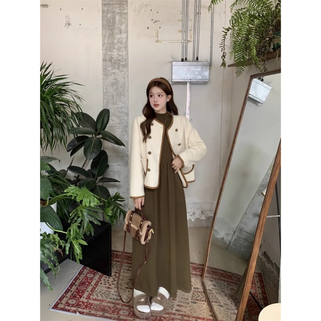 Xiaozhainv Set Áo Khoác Form Rộng Dài Tay + Đầm midi Lưng Cao Thời Trang Dành Cho Nữ