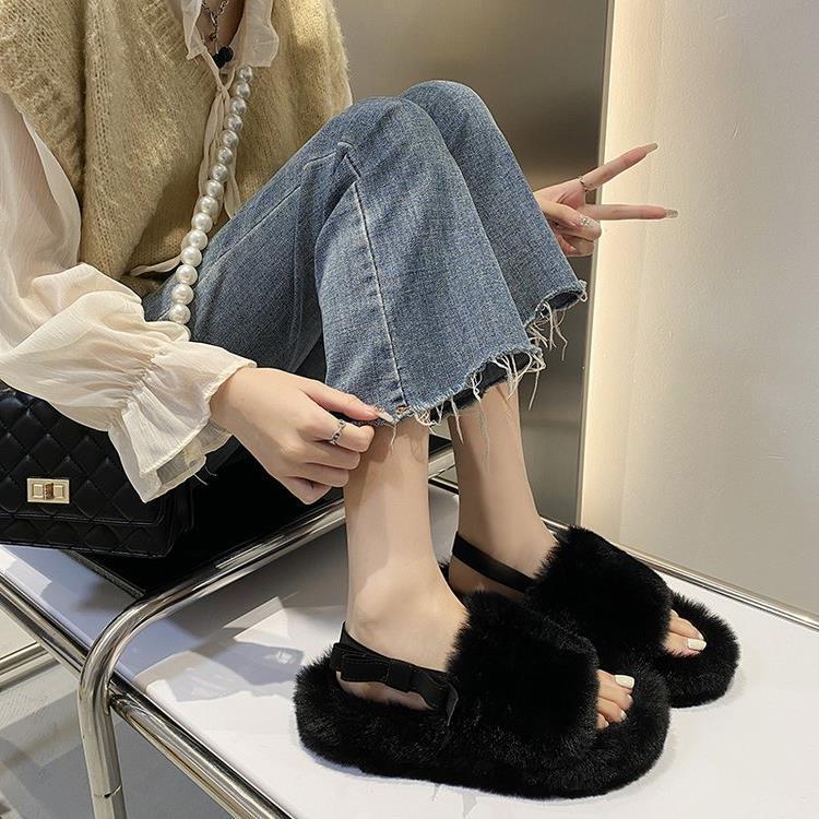 MUCHAO Dép sandal đế bằng dày dặn thắt nơ xinh xắn thời trang cho nữ