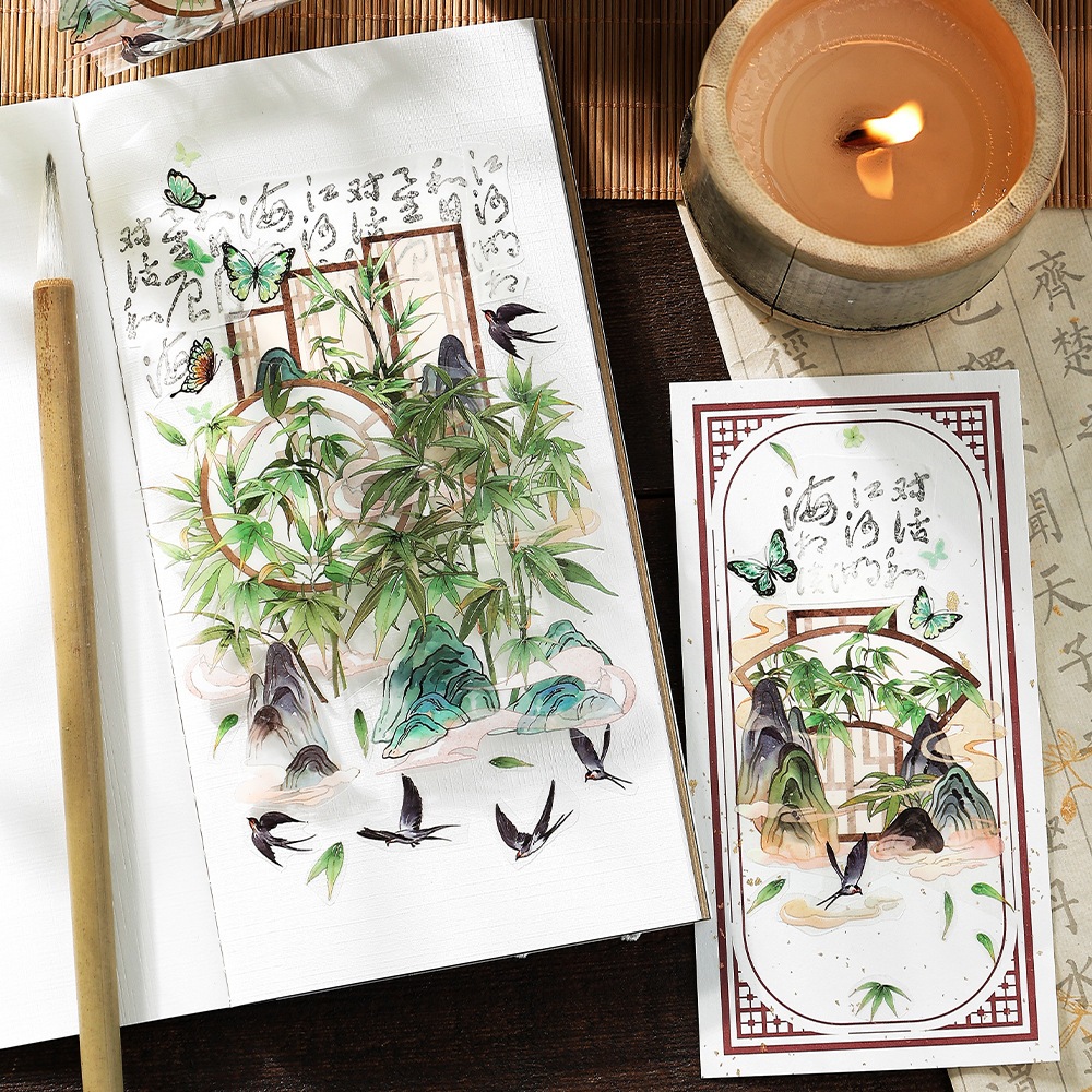 Mr. Paper 3 vé/túi Dán chống thấm nước PET Phong cách sơn trung quốc tre Bướm hoa ShanZi Sáng tạo tài khoản Nguyên liệu ghép đôi goolka DIY điện thoại di động Thiệp trang trí stickers