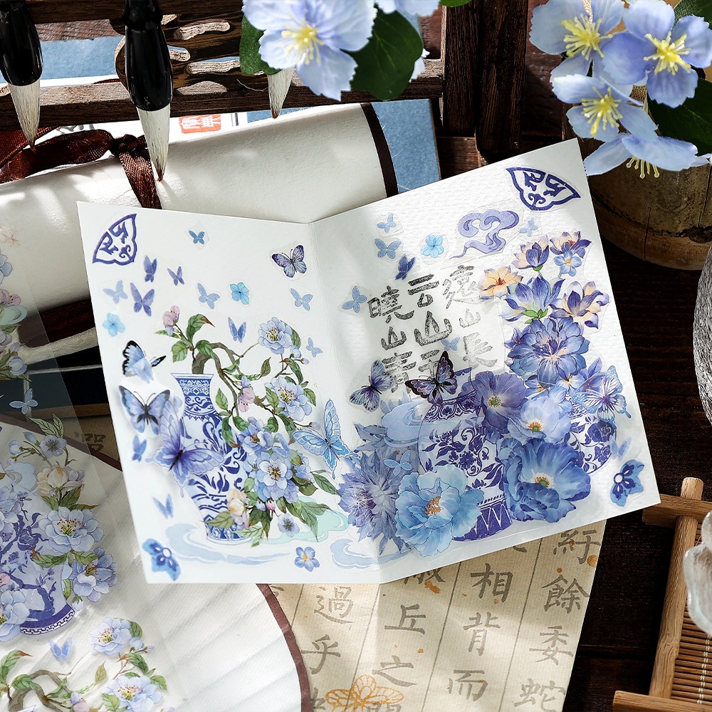 Mr. Paper 3 vé/túi Dán chống thấm nước PET Phong cách sơn trung quốc tre Bướm hoa ShanZi Sáng tạo tài khoản Nguyên liệu ghép đôi goolka DIY điện thoại di động Thiệp trang trí stickers