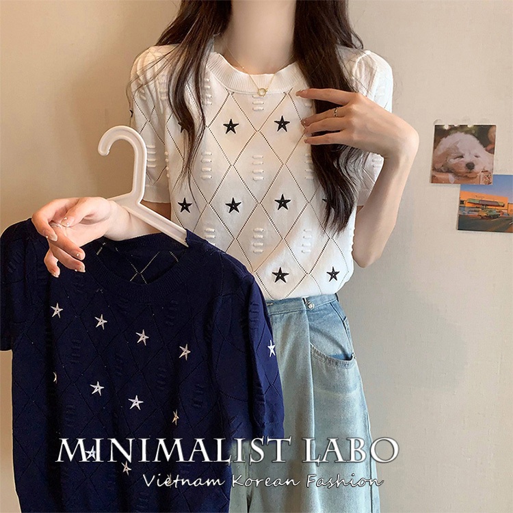 MINIMALIST LABO Áo Thun Dệt Kim Tay Ngắn Phồng Ôm Dáng Thời Trang Dành Cho Nữ