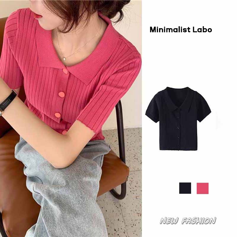 MINIMALIST LABO Áo kiểu tay ngắn cổ bẻ dệt kim thời trang