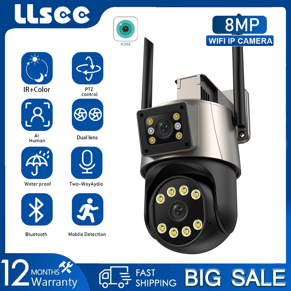 LLSEE ICSEE Camera 2 Mắt Không Dây Ngoài Trời Không Thấm Nước PTZ 4K 8MP CCTV WiFi Camera 360 Màu Tầm Nhìn Ban Đêm Di Động Theo Dõi Cuộc Gọi Hai Chiều