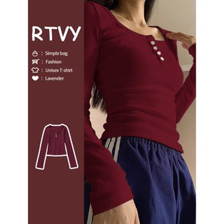 【RTVY】Áo Thun Nữ Tay Dài Cổ Tròn Màu Đỏ Rượu Vang Phong Cách retro