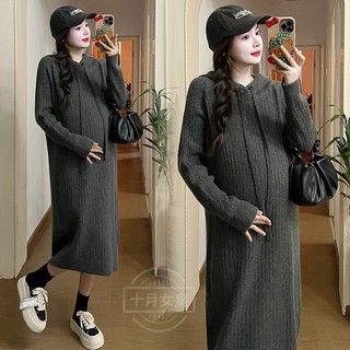 Mùa thu đông đầm bà bầu giữa chiều dài có mũ trùm đầu dệt kim thường ngày lười phong cách rời đầm bà bầu dài tay áo len đầm bà bầu một mảnh ma