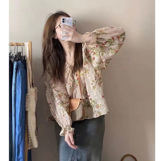 Áo sơ mi tay dài dáng rộng in hoa kiểu retro thời trang hàn quốc