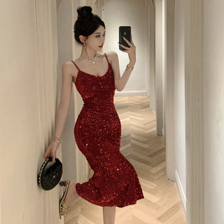 Đầm Dài Không Tay Cổ Chữ v Đính Kim Sa Phong Cách Hàn Quốc Cho Nữ