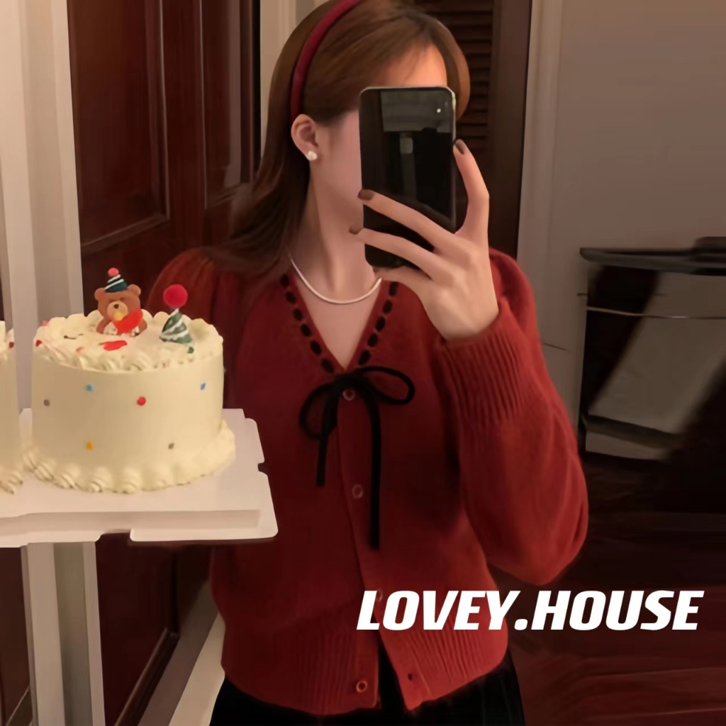 [Lovey.house] Áo len dệt kim ngắn tay dài cổ chữ V cổ chữ V dành cho nữ