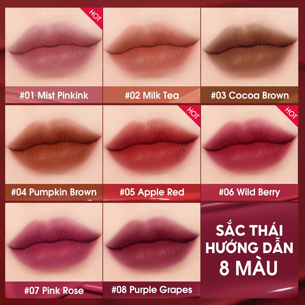 O.two.o 8Color Ultra Stay Lorepop Lip Glaze Chống Dính Mềm Mịn Dưỡng Ẩm Nước Giàu & Màu Sắc Nổi Bật Matte Chống Thấm Nước Không Khô Trang Điểm Môi