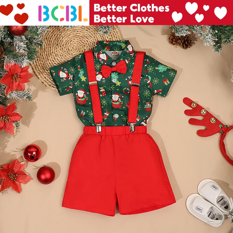 Bcbl Bộ Áo Sơ Mi Ngắn Tay + Quần short 2 Dây Họa Tiết Ông Già Noel Giáng Sinh Cho Bé Trai