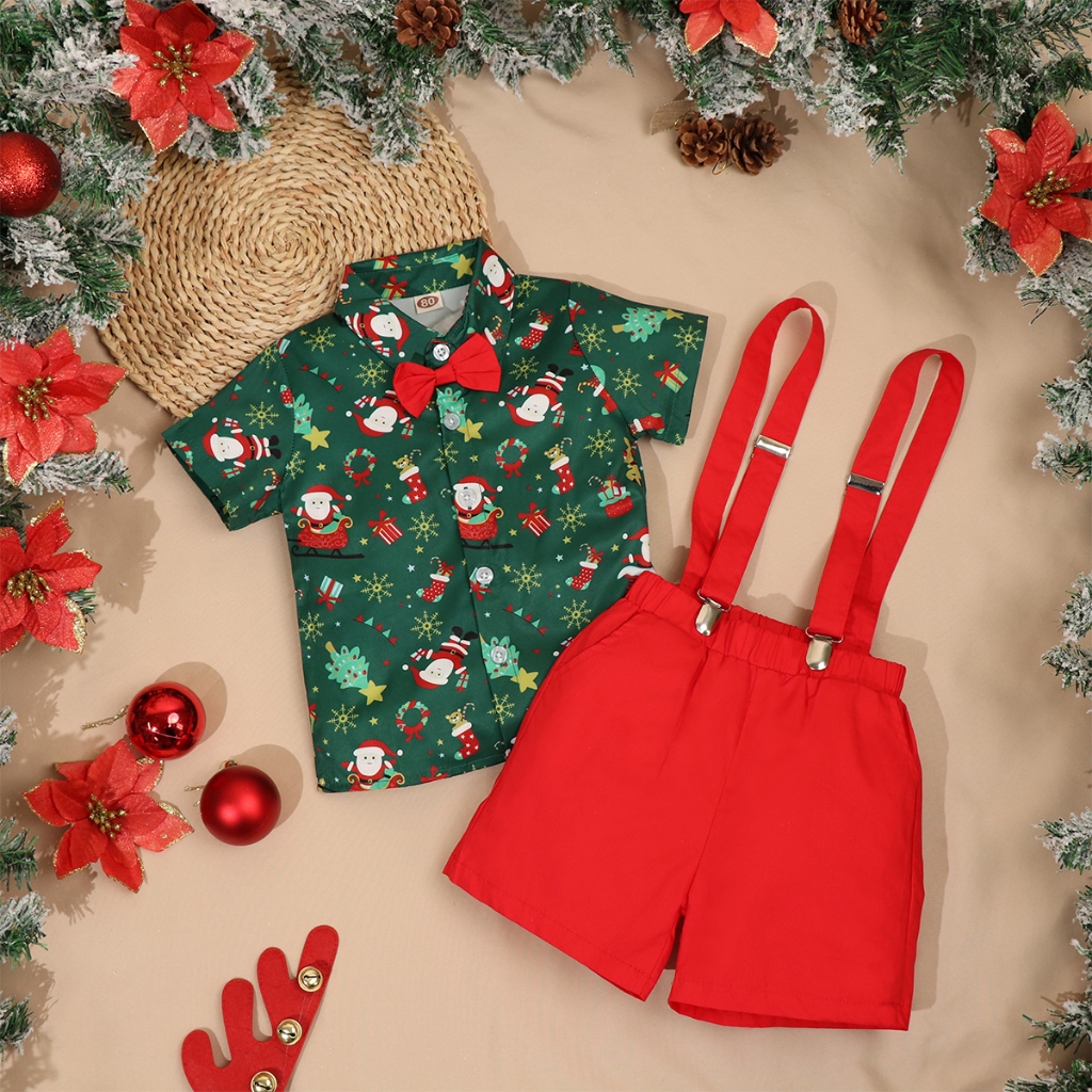 Bcbl Bộ Áo Sơ Mi Ngắn Tay + Quần short 2 Dây Họa Tiết Ông Già Noel Giáng Sinh Cho Bé Trai