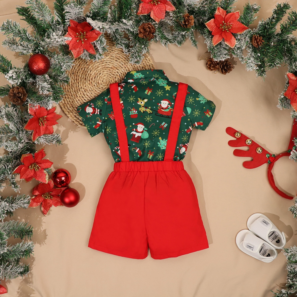 Bcbl Bộ Áo Sơ Mi Ngắn Tay + Quần short 2 Dây Họa Tiết Ông Già Noel Giáng Sinh Cho Bé Trai