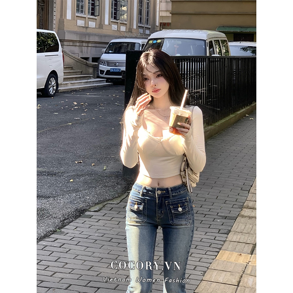 Cocory vn Áo croptop Tay Dài Dáng Ôm Phối Ren Gợi Cảm Cho Nữ y2k