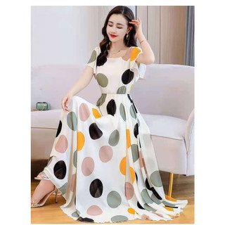 Đầm maxi Tay Ngắn Cổ Tròn Dáng Rộng Họa Tiết Chấm Bi Thời Trang Mùa Hè Cho Nữ Size 2xl #8065