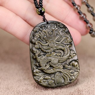 Mặt Dây Chuyền Bằng Đá obsidian Tự Nhiên Hình Rồng Vàng Bảo Vệ Tiền