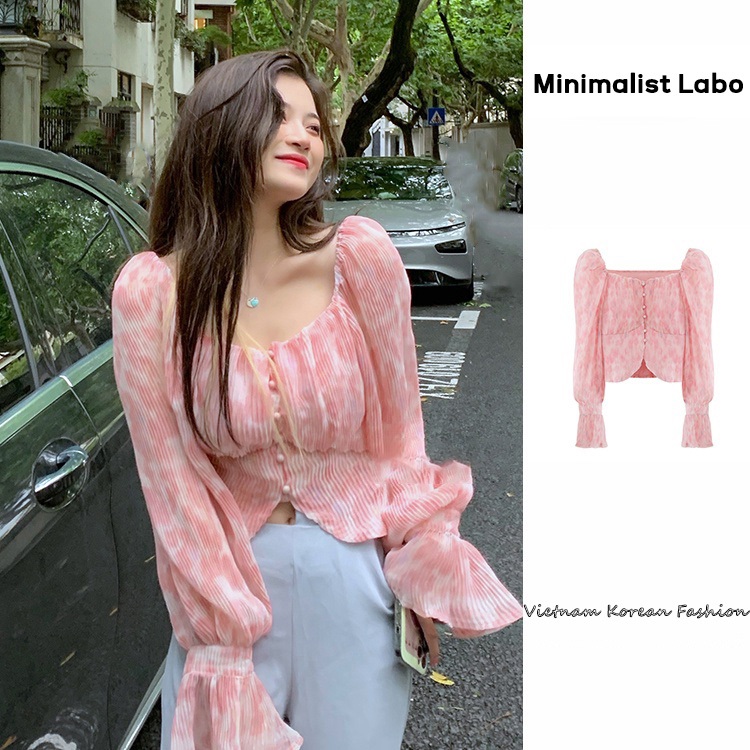 Minimalist Labo Áo kiểu chiffon dáng ngắn tay dài cổ chữ U màu hồng phong cách Hàn Quốc xinh xắn dành cho nữ