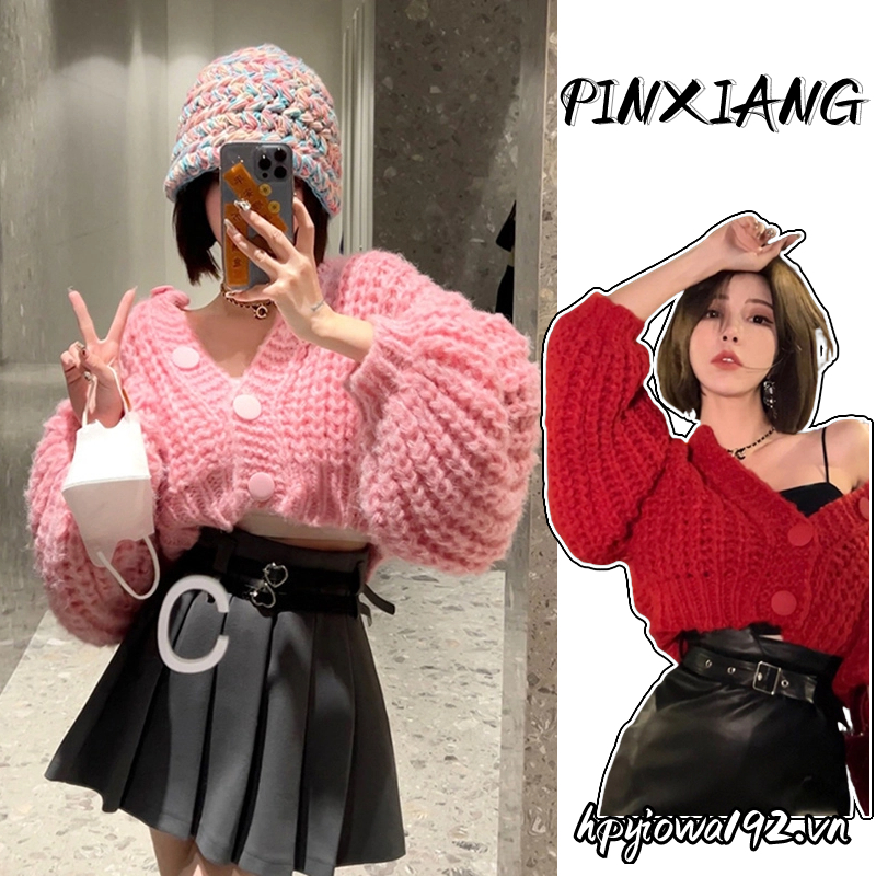 Áo cardigan PINXIANG dệt kim dày dặn màu kẹo thời trang ngọt ngào tươi mới trẻ trung cho nữ