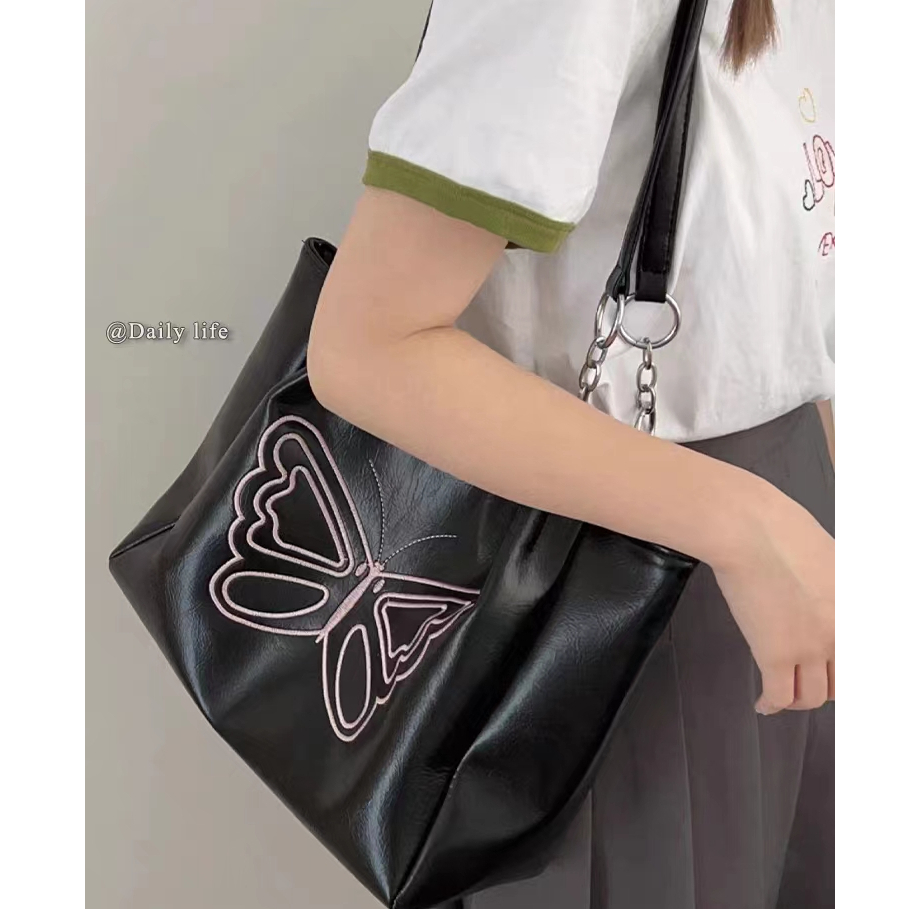 Chic joy Túi Xách tote Cầm Tay Sức Chứa Lớn Hình Bướm Phong Cách retro Hàn Quốc Cá Tính y2k Dành Cho Nữ