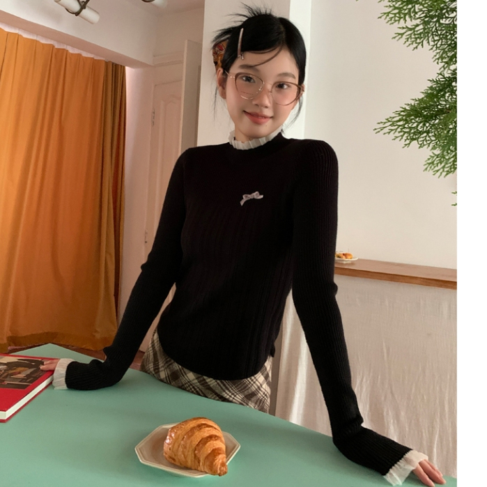 QKOOLE Áo sweater Dệt Kim Cao Cấp Cổ Cao Đính Nơ Thời Trang Thu Đông Mới 2024 Cho Nữ