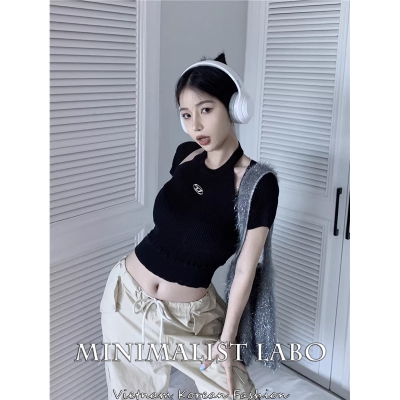 Minimalist Labo Áo Croptop Dệt Kim Tay Ngắn Dáng Ôm Thiết Kế Khoét Lỗ Thời Trang Quyến Rũ Cho Nữ