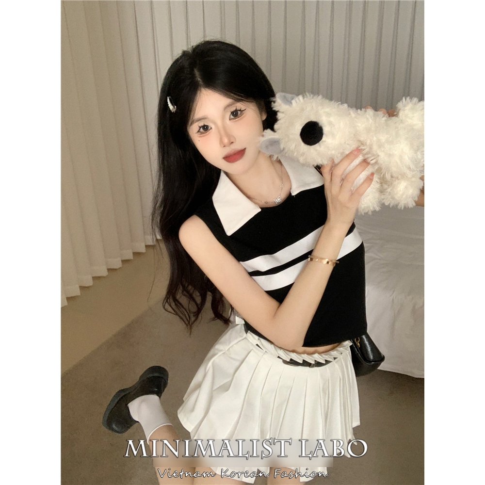Minimalist Labo Áo Sweater Không Tay Cổ polo Họa Tiết Kẻ Sọc Màu Sắc Tương Phản Phong Cách Hàn Quốc Thời Trang Mùa Hè Cho Nữ