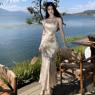 Đầm Dài Ôm Dáng Không Tay In Hoa Phối Ren Thời Trang Hàn Quốc Cho Nữ