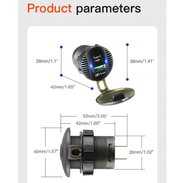 Bộ Sạc Nhanh Type C Hai Cổng USB 66W Max Dành Cho Xe Mô Tô/Tàu Thuyền/Xe Hơi
