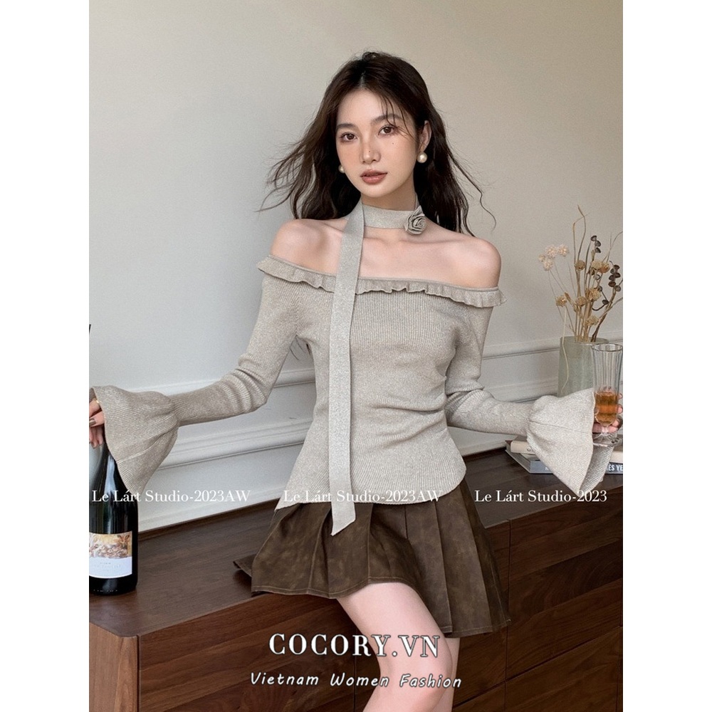 Cocory vn Áo sweater Dệt Kim Trễ Vai Tay Loe Dài Dáng Ôm Phong Cách Pháp Thời Trang Cho Nữ y2k