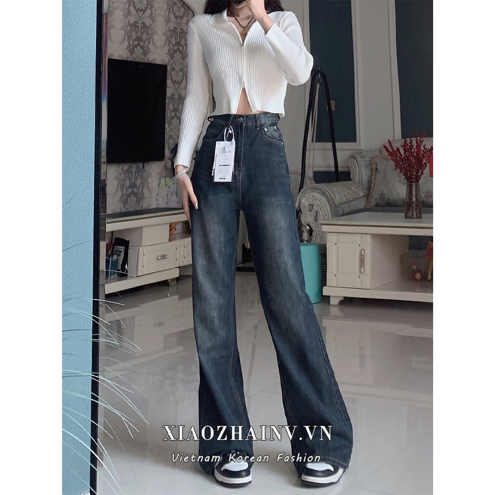 Xiaozhainv Quần Jean Nữ Ống Loe Lưng Cao Vừa Vặn Mùa Thu Phong Cách retro Mỹ