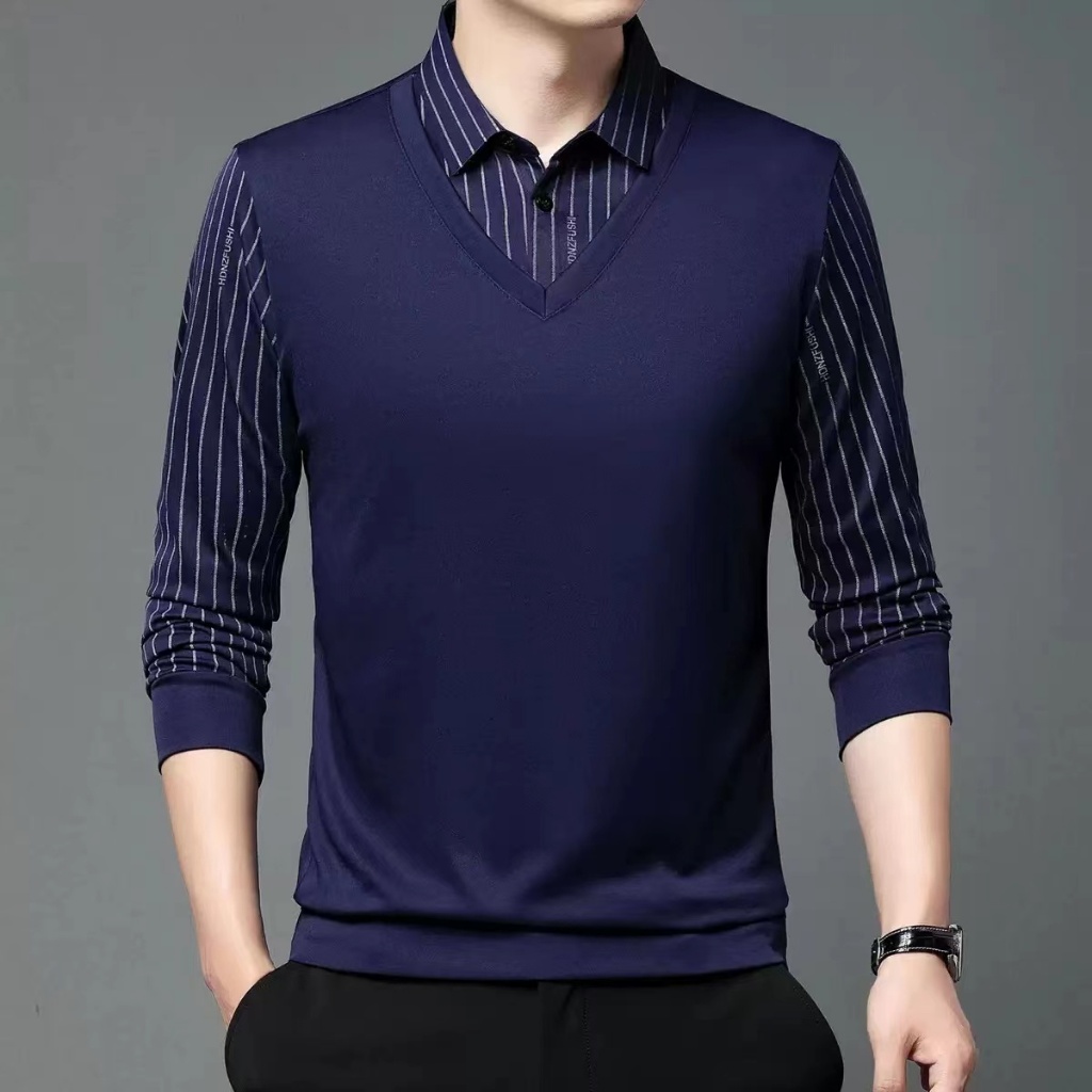 Áo polo Giả Hai Lớp Tay Dài Thời Trang Mùa Thu Cho Nam Trung Niên