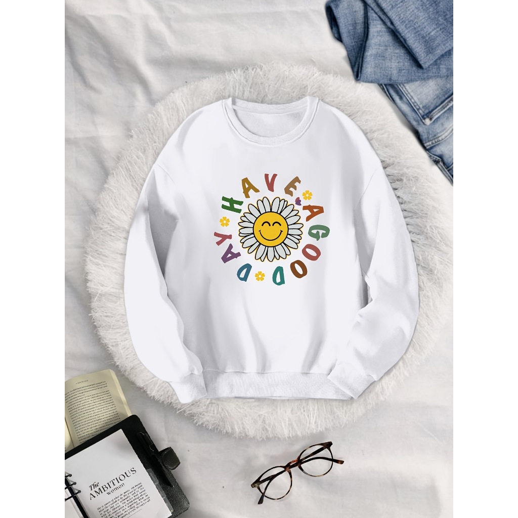 Giới Hạn Thời Gian Giảm Giá Tốt Áo sweatshirt Hàn Quốc Tay Dài In Chữ Mặt Cười Đơn Giản Dễ Phối Đồ Cho Cặp Đôi/Áo Sweater Cổ Tròn Dáng Rộng Cơ Bản Mặc Hàng Ngày Cho Nữ