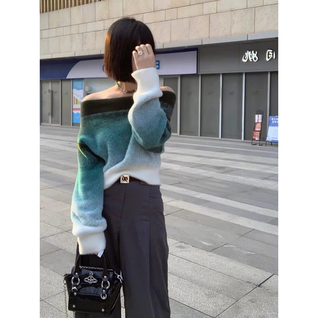 Áo sweater Dày Dặn Một Bên Vai Màu gradient Thời Trang Thu Đông Cho Nữ