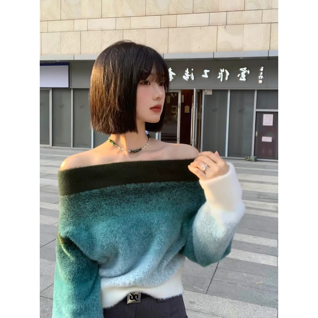 Áo sweater Dày Dặn Một Bên Vai Màu gradient Thời Trang Thu Đông Cho Nữ