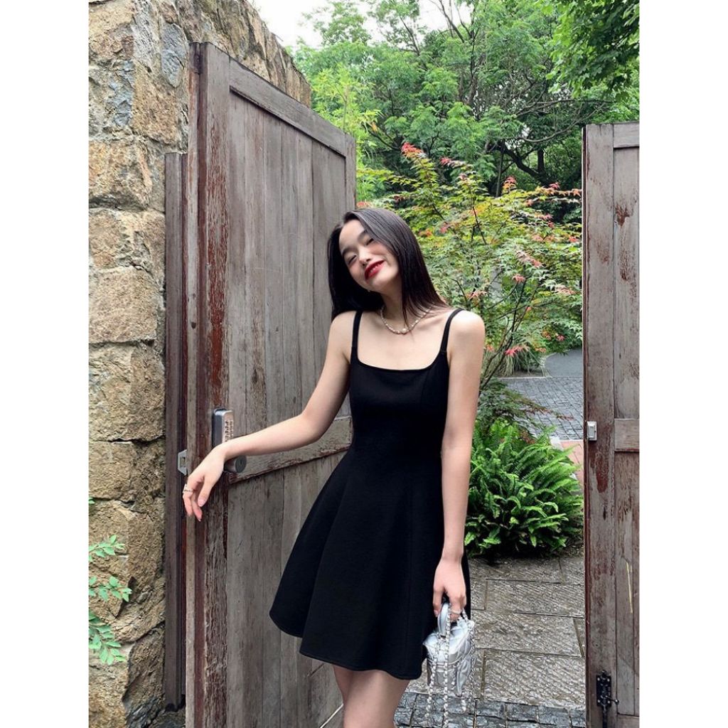 Đầm Hai Dây Màu Đen Phong Cách Pháp Thời Trang Mùa Hè 64116