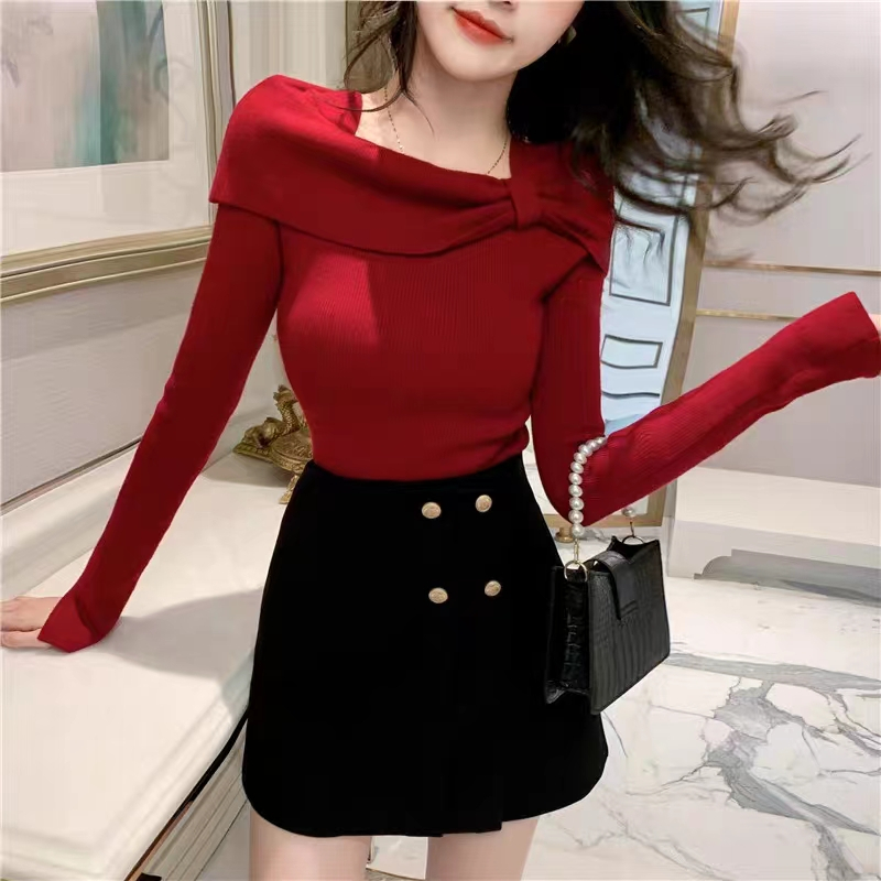 Áo Dệt Kim Trễ Vai Một Bên Tay Dài Đính Nơ Màu Đỏ Thời Trang Thu Đông Quyến Rũ Cho Nữ