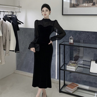 Đầm dự tiệc tay dài cổ tròn dáng ôm màu đen phong cách hàn quốc thời trang cho nữ