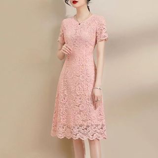 Thời Trang Đầm Chữ a Lưng Cao Tay Ngắn Phối Ren Sang Trọng Cho Nữ