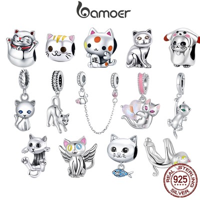 BAMOER Mặt Dây Chuyền Bạc 925 Hình Mèo Dễ Thương Dùng Làm Trang Sức diy SCC2572