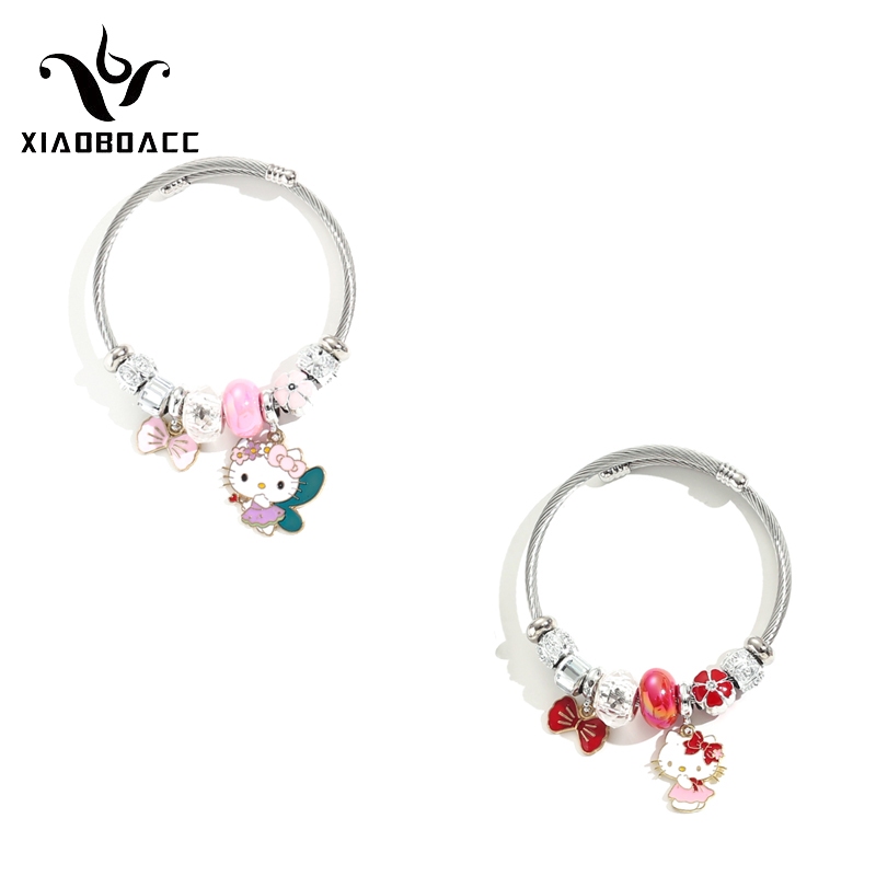 Xiaoboacc Vòng Tay Hở Đính Hạt Bằng Thép Không Gỉ Thắt Nơ Hoạt Hình kt Đa Dạng Thời Trang Cho Nữ Sinh