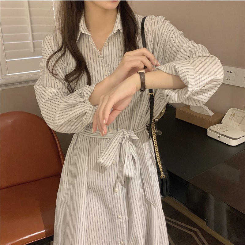 Đầm Tay Dài Dáng Rộng Kẻ Sọc Cài Khuy Kiểu Mới 45697