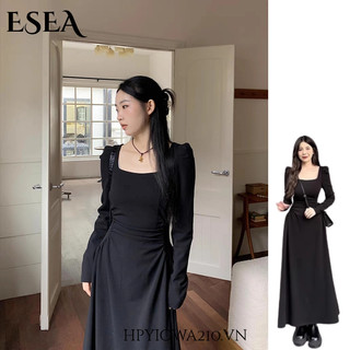 Đầm Dự Tiệc Màu Đen Cổ Vuông Tay Dài Chiết Eo Thiết Kế Trang Nhã Cho Nữ
