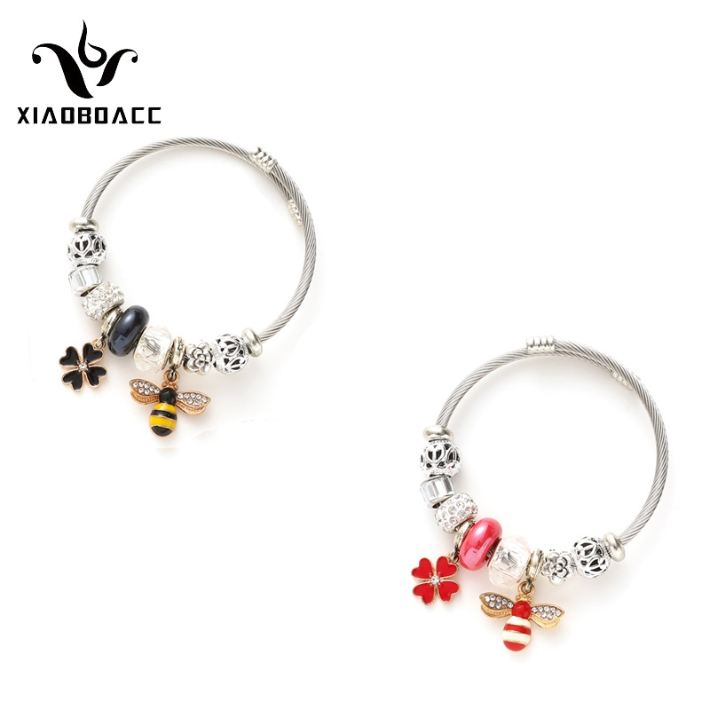 XiaoboACC Vòng đeo tay thép không gỉ đính hạt charm thời trang điều chỉnh được dành cho nữ
