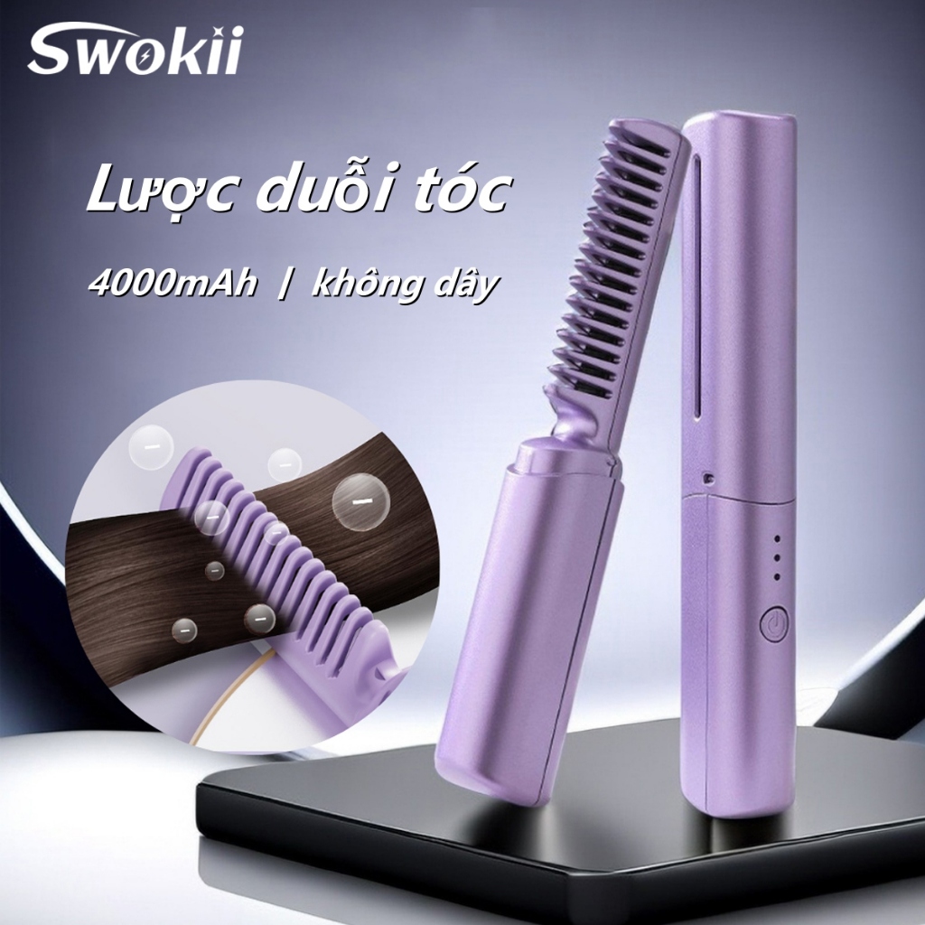 Swokii Lược điện chải thẳng tóc không dây, Pin tích hợp 4000mAh, máy ép tóc mini, phủ gốm chăm sóc tóc, Thích hợp cho tóc thẳng hoặc xoăn