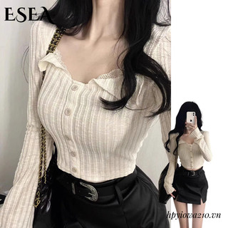  Áo Thun Dài Tay Cổ Chữ u Họa Tiết Kẻ Sọc Phong Cách Nhật Bản Thời Trang Xuân Thu Mới Cho Nữ